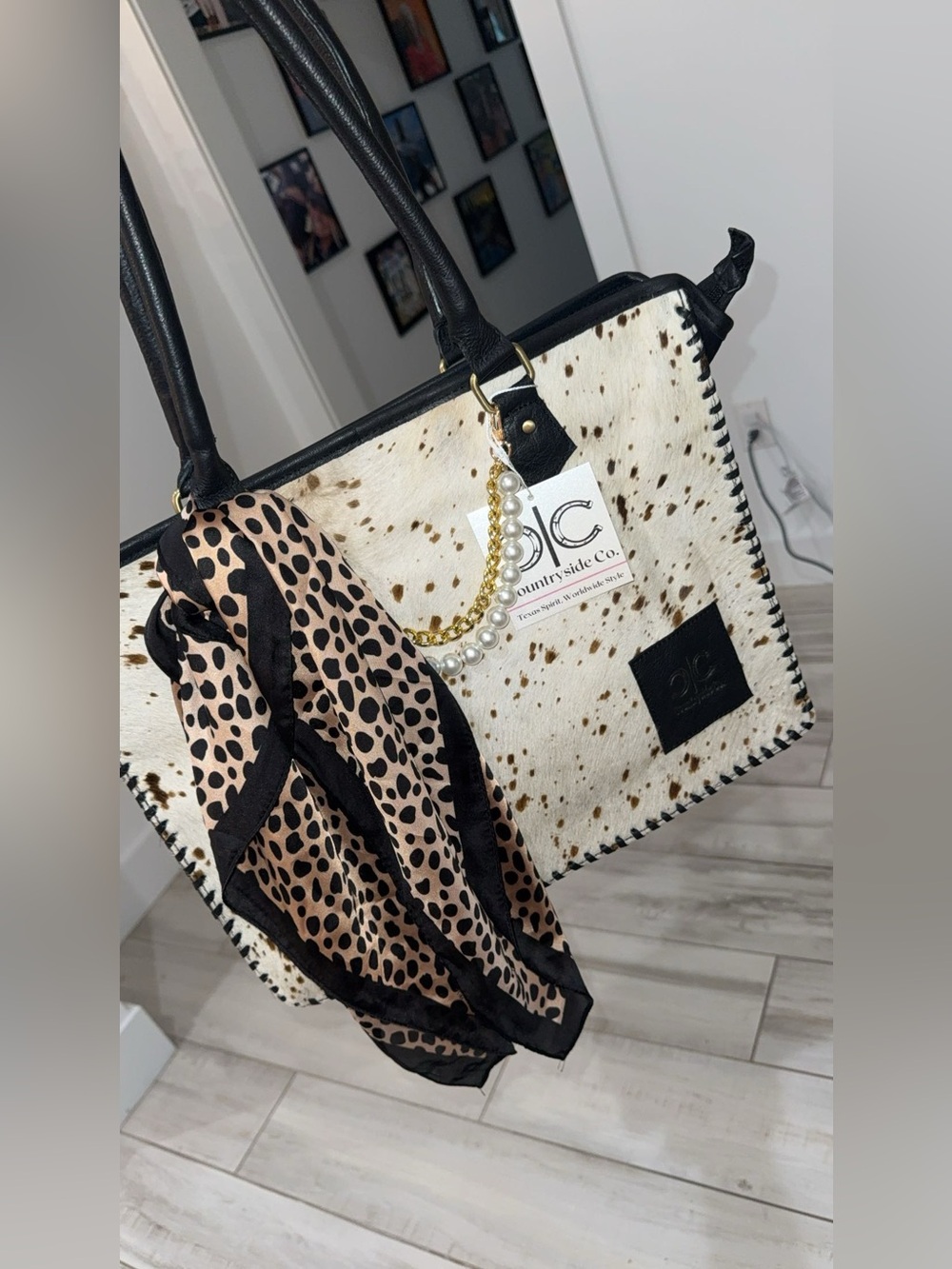 Countryside Co Cowhide Tote Bag Black White Leopard Scarf👛✨